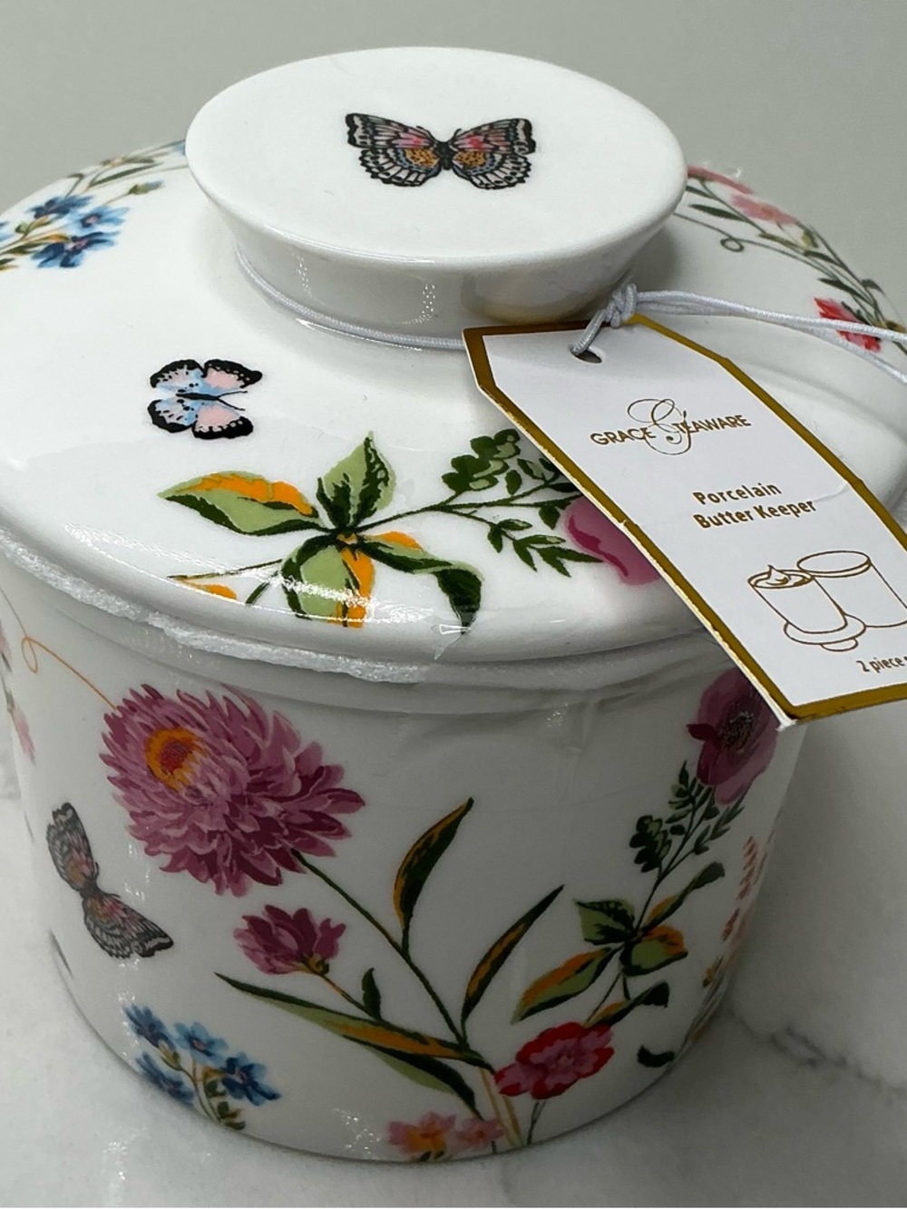 Grace Teaware Butter Keeper White Pink Floral Porcelain New